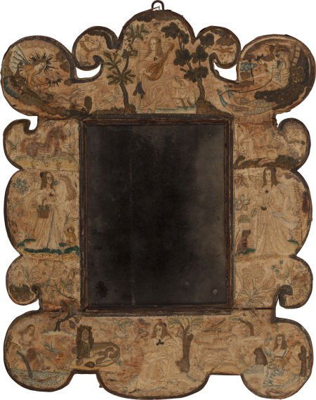 A FRAMED ENGLISH STUMP WORK MIRROR, circa 1640 3 (1 of 2)