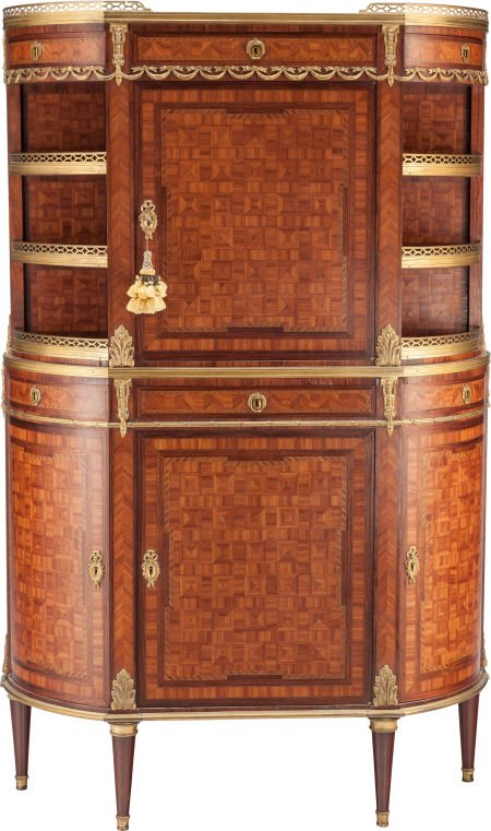 A LOUIS XVI-STYLE MAHOGANY, KINGWOOD AND FRUITWO: A LOUIS XVI-STYLE MAHOGANY, KINGWOOD AND FRUITWOOD PARQUETRY CABINET WITH GILT BRONZE MOUNTS AND MARBL