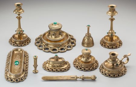 A TEN PIECE CONTINENTAL BRASS AND MALACHITE MOUN (1 of 2)