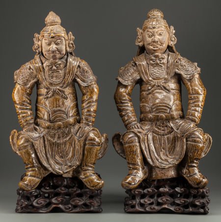 A PAIR OF CHINESE GLAZED TERRACOTTA WARRIORS ON (1 of 2)