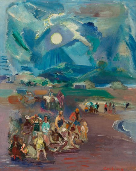JON CORBINO (American, 1905-1964) Moonlight on G: JON CORBINO (American, 1905-1964) Moonlight on Gane's Beach Oil on board 1