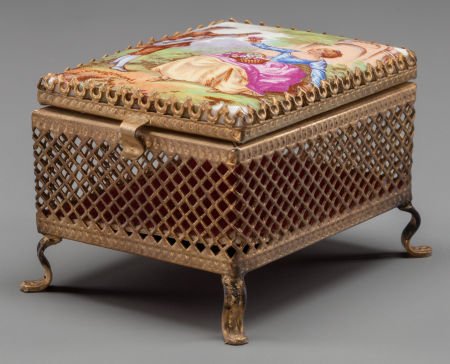 A SMALL FRENCH PORCELAIN AND GILT BRONZE MIRRORE (1 of 2)