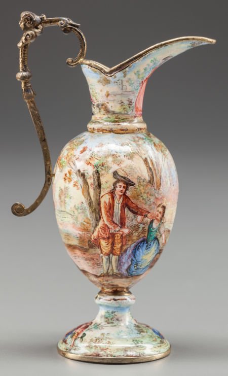 A MINIATURE FRENCH ENAMEL AND GILT BRONZE EWER, (1 of 2)