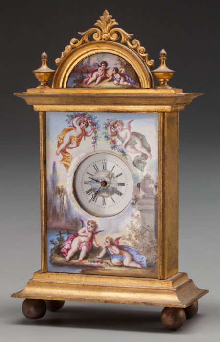 A MINIATURE FRENCH ENAMEL AND GILT BRONZE CLOCK, (1 of 2)