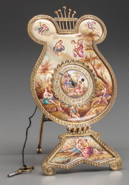 A SMALL FRENCH ENAMEL AND GILT BRONZE LYRE-FORM (1 of 2)
