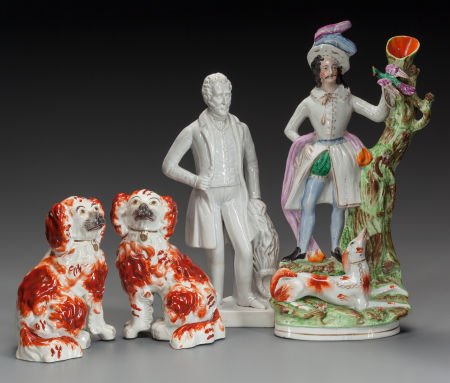 A GROUP OF FOUR STAFFORDSHIRE POTTERY FIGURINES,: A GROUP OF FOUR STAFFORDSHIRE POTTERY FIGURINES, Staffordshire, England , circa 189015-3/4