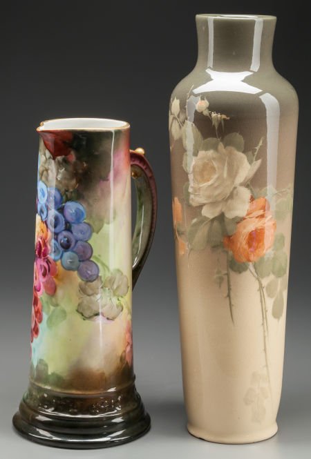 A TALL ROSEVILLE POTTERY VASE AND A TALL LIMOGES (1 of 2)