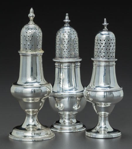 A GROUP OF THREE ENGLISH SILVER SUGAR SHAKERS (1 of 2)