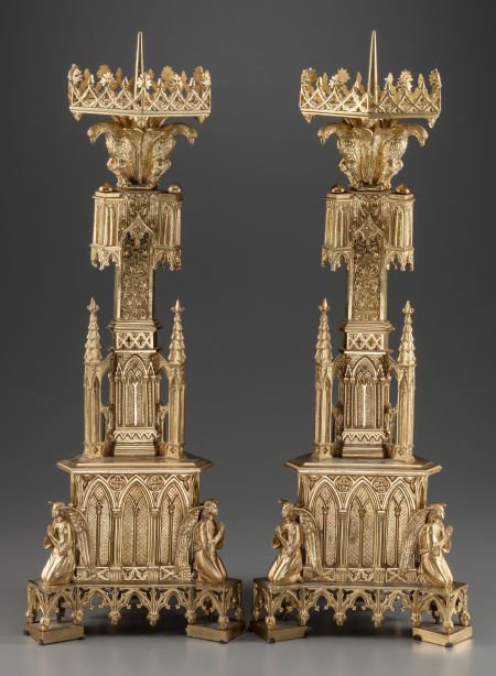 A PAIR OF GOTHIC REVIVAL GILT BRONZE PRICKET CAN (1 of 2)