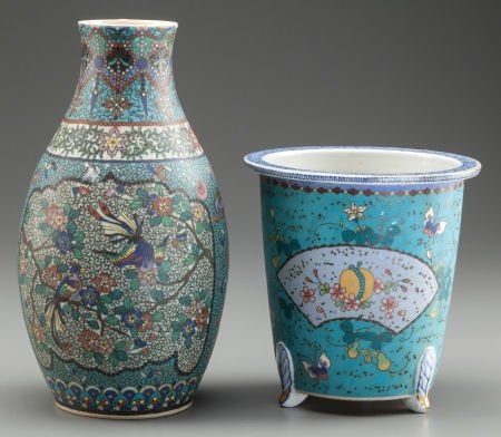 A CHINESE CLOISONNÉ OVER PORCELAIN VASE AND JARD (1 of 2)