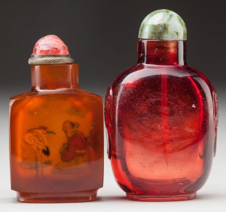 TWO CHINESE PEKING GLASS SNUFF BOTTLES 2-3/8 inc (1 of 2)