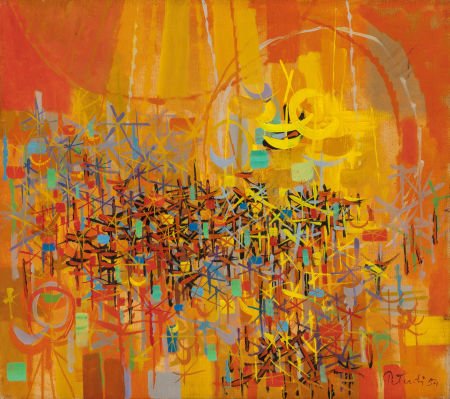 GABOR F. PETERDI (American, 1915-2001) Orange an: GABOR F. PETERDI (American, 1915-2001)Orange and Yellow, 1954Oil on canvas<