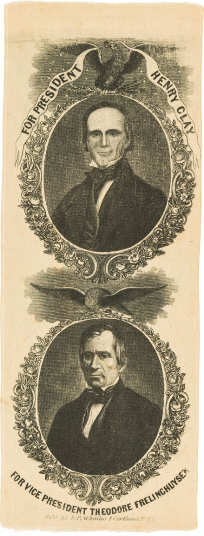 Clay & Frelinghuysen: Imposing Large 1844 Jugate: Clay & Frelinghuysen: Imposing Large 1844 Jugate Silk Ribbon. While rarer designs exist,