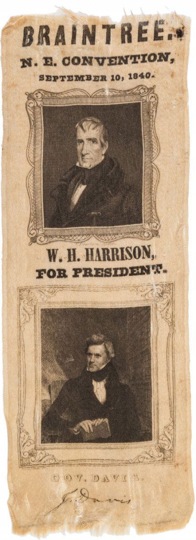 William Henry Harrison: A Scarce 1840 Whig Coat-: William Henry Harrison: A Scarce 1840 Whig Coat-tail Ribbon with Massachusetts Governor John Davis.