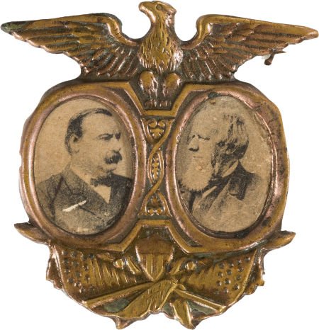 Cleveland & Thurman: Cardboard Jugate.: Cleveland & Thurman: Cardboard Jugate. 1.25" x 1.25" brass shell badge with safety-pin at