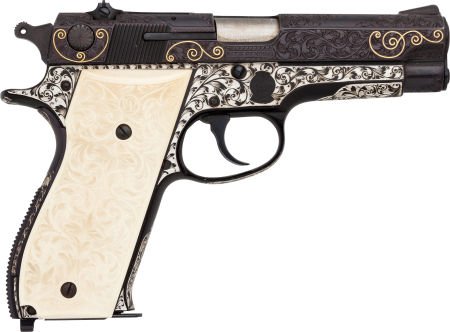 Custom Engraved Smith & Wesson Model 39-2 Semi-A: Custom Engraved Smith & Wesson Model 39-2 Semi-Automatic Pistol. Serial no. 108676, 9
