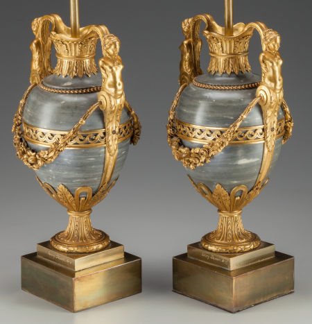 A Pair of Henry Dasson Gilt Bronze Mounted Marbl: A Pair of Henry Dasson Gilt Bronze Mounted Marble Urn Lamp Bases, circa 1879Marks: HENRY D