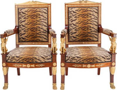 A Pair of Empire Upholstered Mahogany Fauteuils: A Pair of Empire Upholstered Mahogany Fauteuils with Gilt Bronze Mounts, in the Manner of Georges Jacob, 