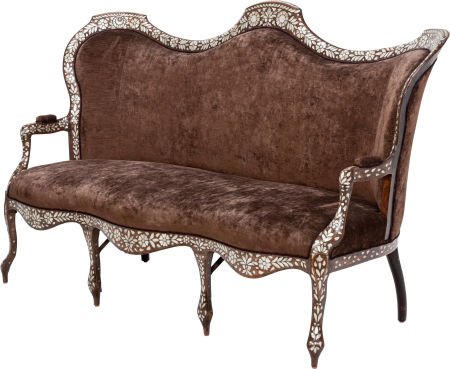 A Moorish Upholstered Mother-of-Pearl and Silver: A Moorish Upholstered Mother-of-Pearl and Silver Inlaid Settee, 19th century 44 inches high x