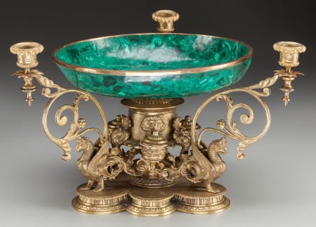 A French Gilt Bronze and Malachite Three-Light C: A French Gilt Bronze and Malachite Three-Light Centerpiece, 20th century 10 inches high x 18 i