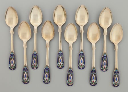 A Set of Ten Russian Silver Gilt and Enameled Sp (1 of 3)