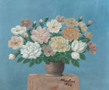 André Bauchant (French, 1873-1958) Le Bouquet su: André Bauchant (French, 1873-1958)Le Bouquet sur Fond Bleu, 1956Oil on canvas15