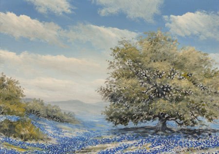 William A. Slaughter (American, 1923-2003) Oak T: William A. Slaughter (American, 1923-2003)Oak Tree and BluebonnetsOil on canvasboar