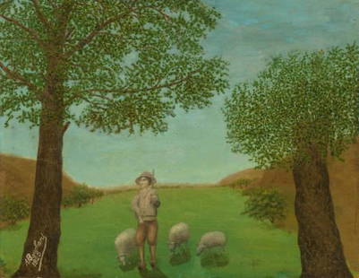 André Bauchant (French, 1873-1958) Shepherd and: André Bauchant (French, 1873-1958)Shepherd and Flock, 1925Oil on panel19-1/2 x