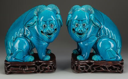 A Pair of Chinese Blue Glazed Foo Lions on Stand (1 of 3)