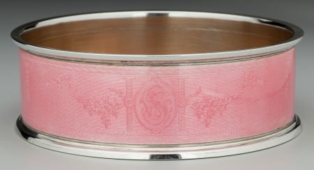 A Kerr Enameled Silver Wine Coaster with Wood Ba: A Kerr Enameled Silver Wine Coaster with Wood Base, New York, New York, circa 1910Marks: (fas