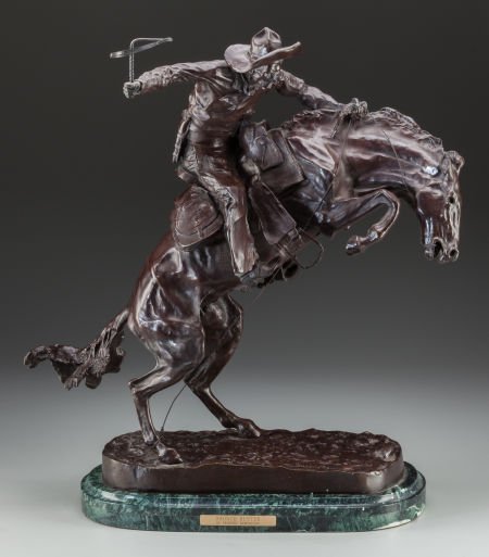 After Frederic Remington (American, 20th Century: After Frederic Remington (American, 20th Century) Bronco Buster Bronze with brown pat