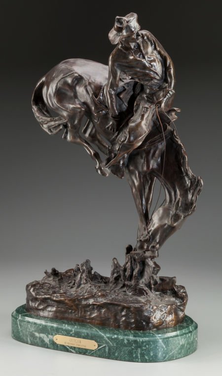 After Frederic Remington (American, 20th Century: After Frederic Remington (American, 20th Century) Outlaw Bronze with brown patina