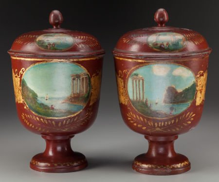 A Pair of Metal Covered Urns with Tole Painting (1 of 2)