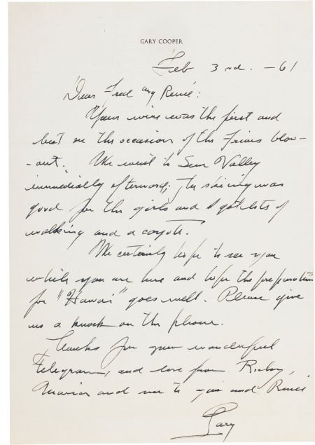 A Gary Cooper Handwritten Letter to Director Fre (1 of 3)