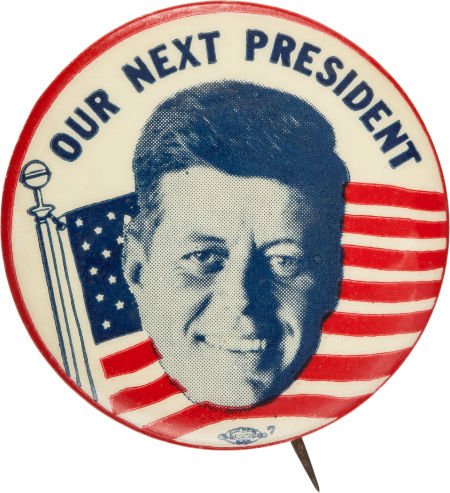 John F. Kennedy: Scarce Picture Pin.: John F. Kennedy: Scarce Picture Pin. 1 3/4" button with portrait of JFK superimposed on a