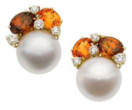 Diamond, South Sea Cultured Pearl, Multi-Stone,: Diamond, South Sea Cultured Pearl, Multi-Stone, Gold Earrings, Donna Vock The earrings fea
