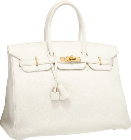 Hermes 35cm White Clemence Leather Birkin Bag wi: Hermes 35cm White Clemence Leather Birkin Bag with Gold HardwareVery Good to Excellent