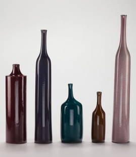 Jacques and Dani Ruelland (French, 1926-2008) Fi: Jacques and Dani Ruelland (French, 1926-2008)Five Bottle Vases, circa 1960Glazed stoneware19-3/4 inches high (50.2 cm) (tallest)Each with incised signature to undersidesPROPERTY FROM THE