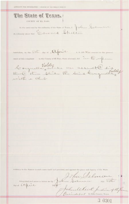 John Selman: 1892 Legal Affidavit Signed by the: John Selman: 1892 Legal Affidavit Signed by the Famed Slayer of John Wesley Hardin. Warra