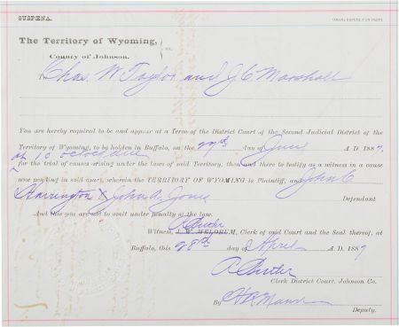 Johnson County War: An Interesting 1877 Document: Johnson County War: An Interesting 1877 Document. This is an order to appear to testify i