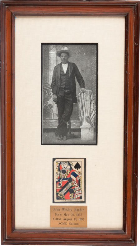 John Wesley Hardin: An Iconic Shot-through and S: John Wesley Hardin: An Iconic Shot-through and Signed Playing Card, Signed and Dated July 4, 1895.