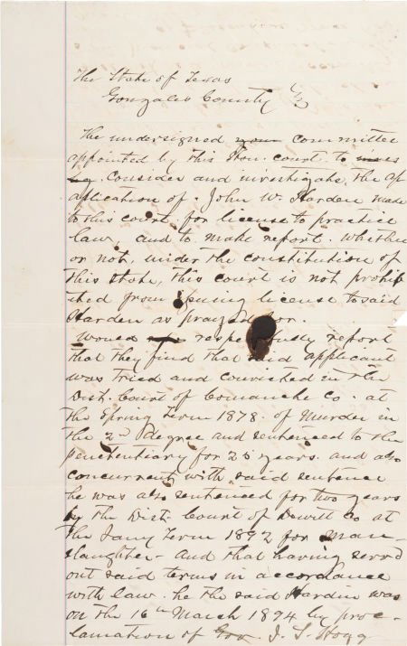 John Wesley Hardin is Granted a License to Pract: John Wesley Hardin is Granted a License to Practice Law in the State of Texas. This remar