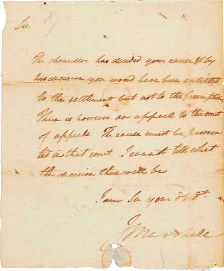 John Marshall Autograph Letter Signed "J Marshal: John Marshall Autograph Letter Signed "J Marshall." One page, 6.5" x 8", n.p.,