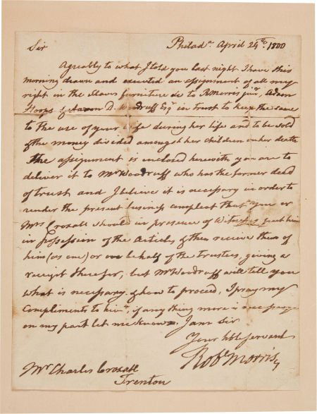Robert Morris Autograph Letter Signed. One page: Robert Morris Autograph Letter Signed. One page with integral address leaf, 7.5" x 9.25",