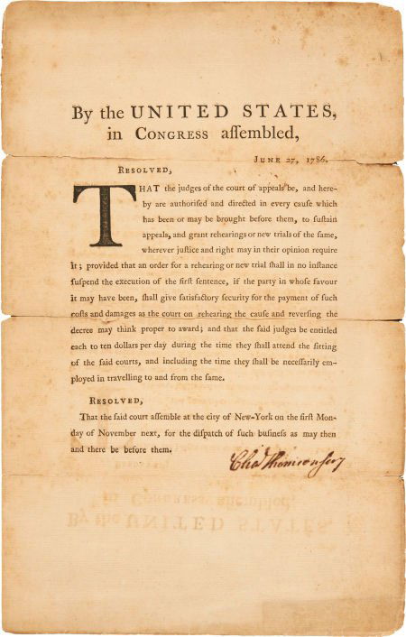 Charles Thomson Broadside Signed "Cha Thomson se: Charles Thomson Broadside Signed "Cha Thomson secy." One printed page with int