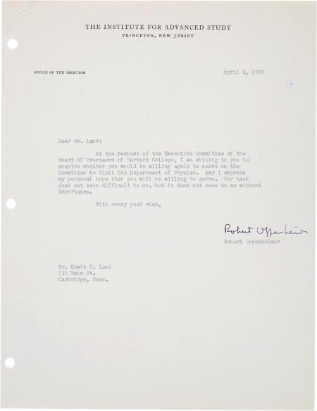 J. Robert Oppenheimer Typed Letter Signed. One p: J. Robert Oppenheimer Typed Letter Signed. One page, 8.5" x 11", on The Institute for Adv