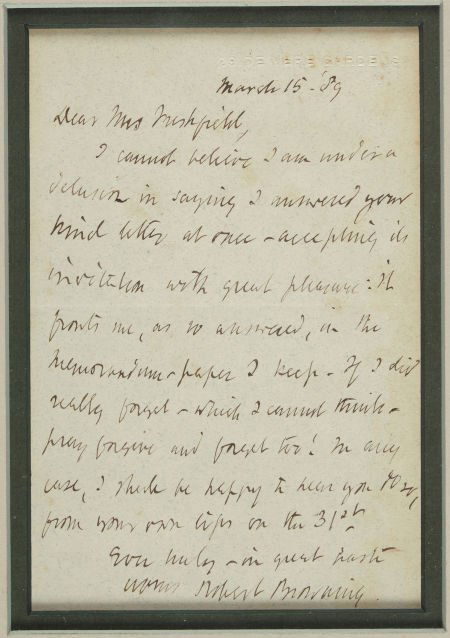 Robert Browning Autograph Letter Signed. One pag: Robert Browning Autograph Letter Signed. One page, 4.25" x 6.25" (sight), [England], Marc