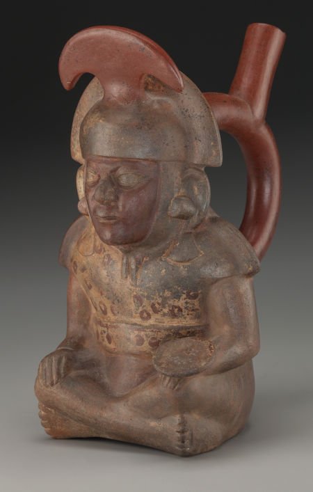 Moche Stirrup Bottle with Seated Dignitary c. 20 (1 of 2)