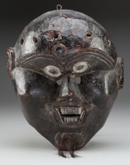 Mask, Terai, Southern Nepal a Rakshasa wood, : Mask, Terai, Southern Nepal a Rakshasa wood, paint, glue remnants, hair, metal, wax