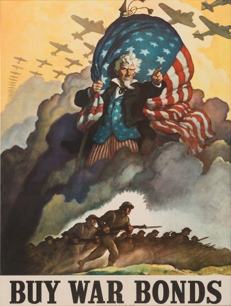 Newell Wyeth: World War II Poster. 29" x 39" pos: Newell Wyeth: World War II Poster. 29" x 39" poster titled "Buy War Bonds". It depicts Un